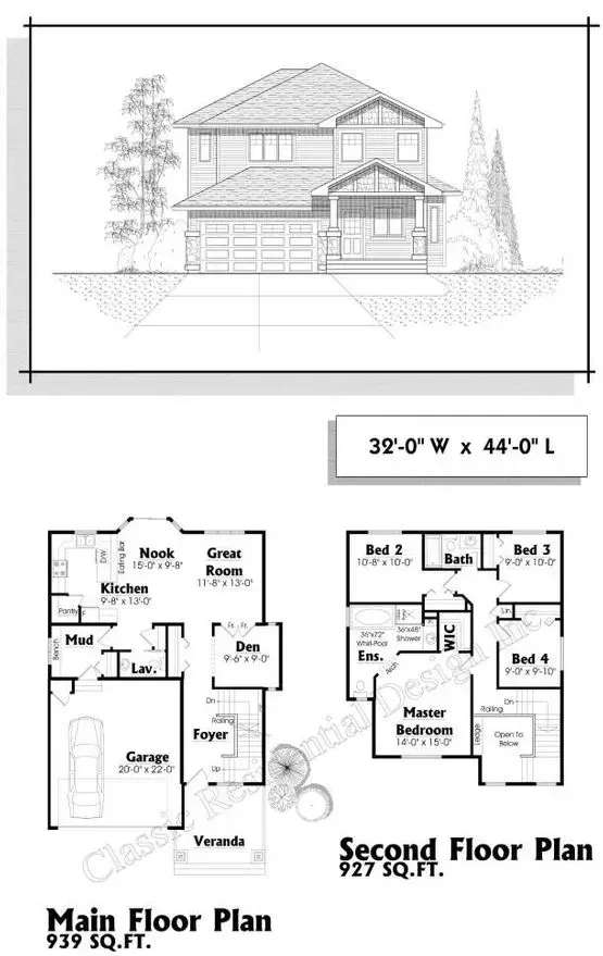 Architectural drawing of a two-story house. Includes front elevation, main floor plan, and second floor plan.