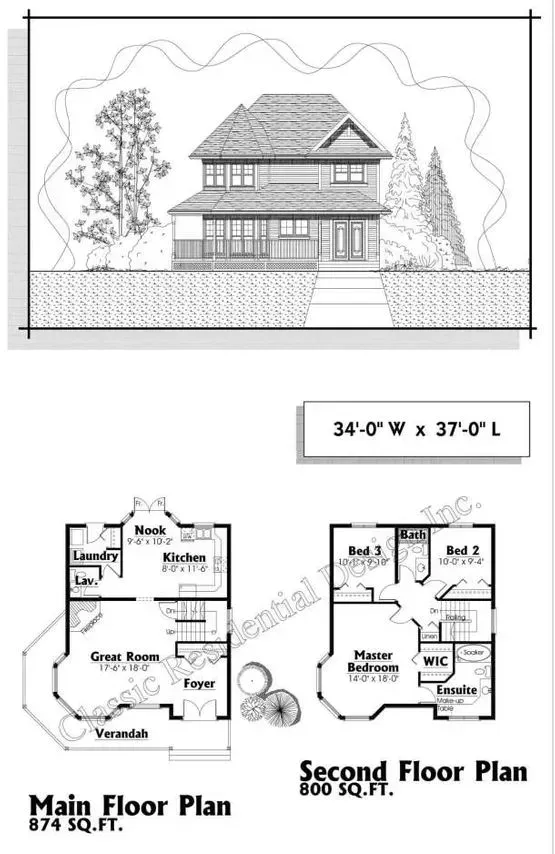 Architectural plan of a two-story house with front elevation, and floor plans of each level.
