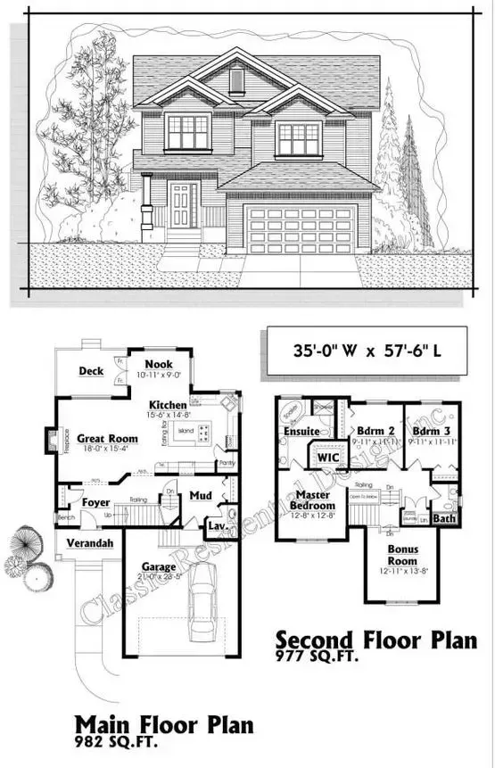 Two-story house plan with elevation view, main floor, and second floor plans.  992 sq. ft. main floor, 977 sq. ft. second floor.