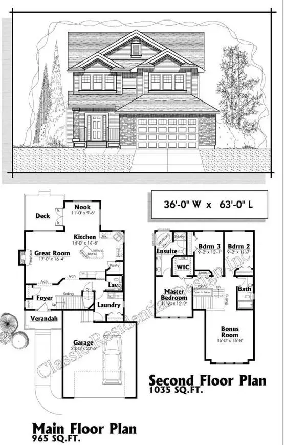 Architectural rendering: two-story house with floor plans. Exterior view shows the house front. Main and second floor plans included.