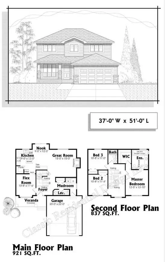 Architectural rendering of a two-story house with floor plans.