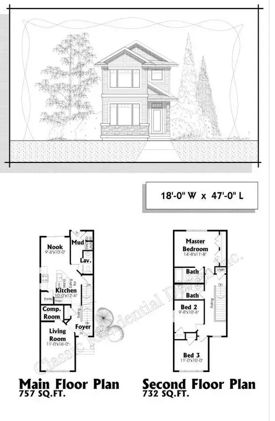 Architectural rendering of a two-story house with floor plans. The main floor is 757 sq ft and the second is 732 sq ft.