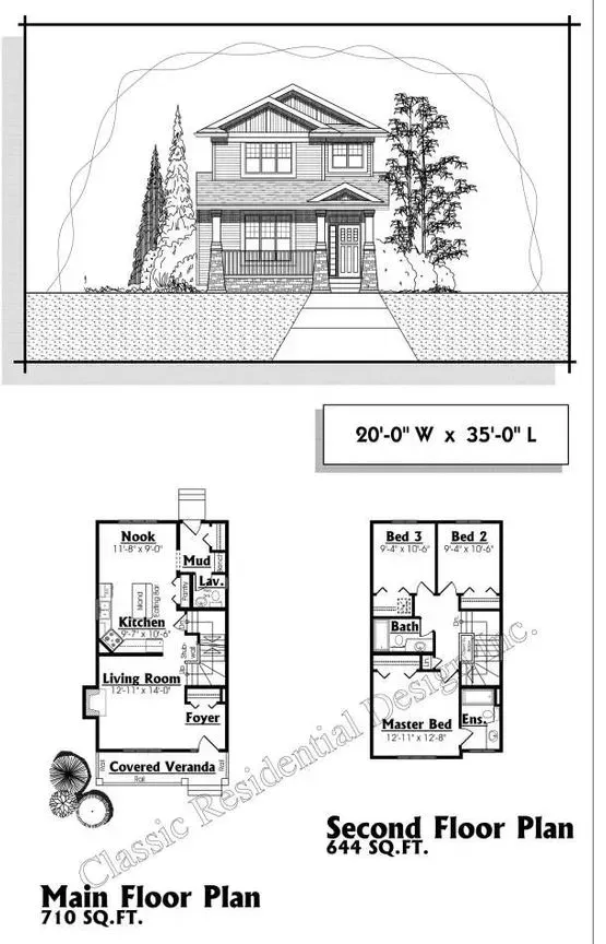 Architectural drawing of a two-story house with floor plans; main floor & second floor.