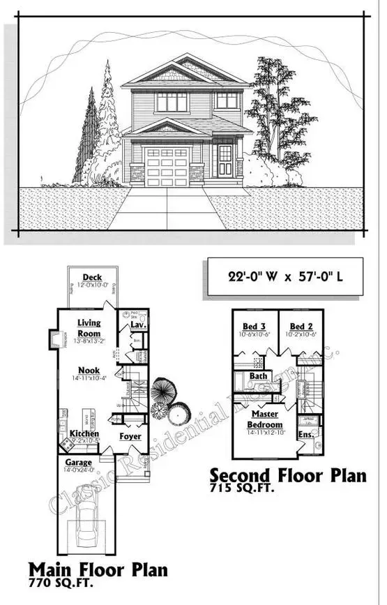 Architectural drawing of a two-story house with floor plans. Includes exterior view and main/second floor layouts.