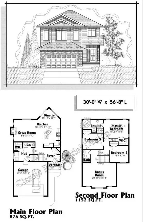 Architectural drawing: Two-story house plan with dimensions. Includes main and second floor layouts, garage, and landscaping.
