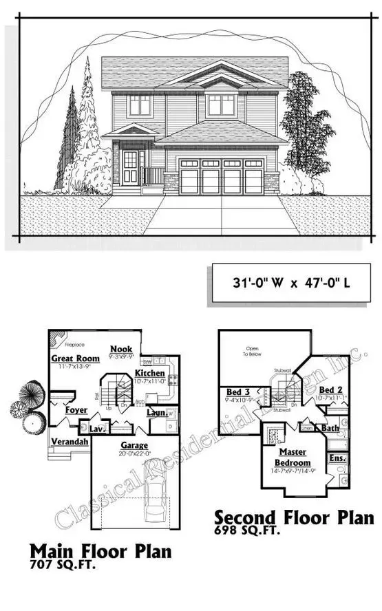 House exterior and floor plan: two-story home with a garage, ground and second-floor layout diagrams.