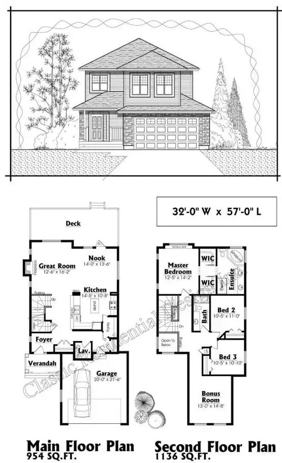 Architectural drawing: two-story house with garage, ground floor plan and second floor plan, dimensions are 32' x 57'.
