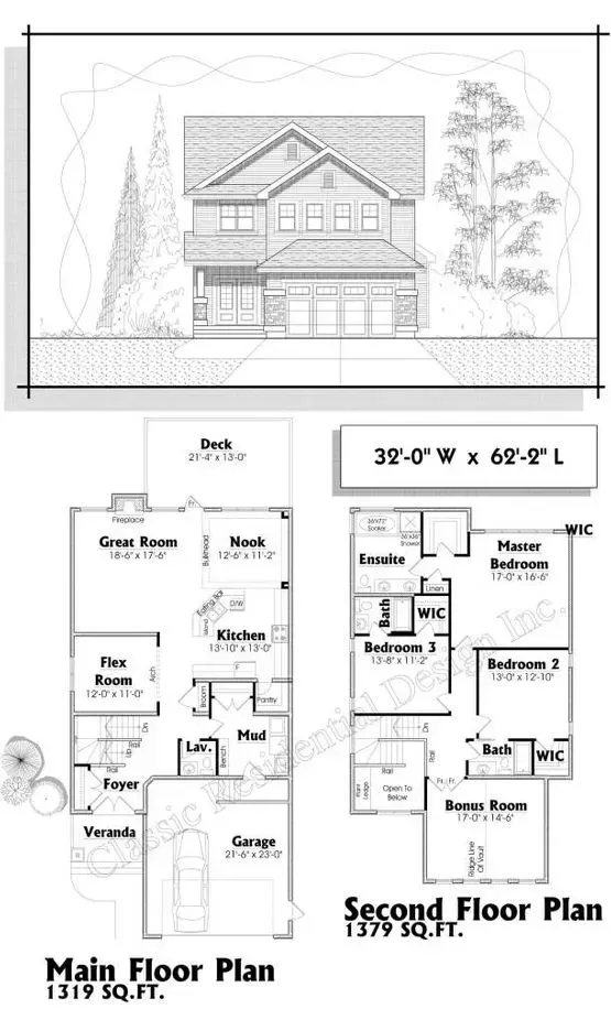 Architectural drawing of a two-story house; includes front elevation, main, and second-floor plans.