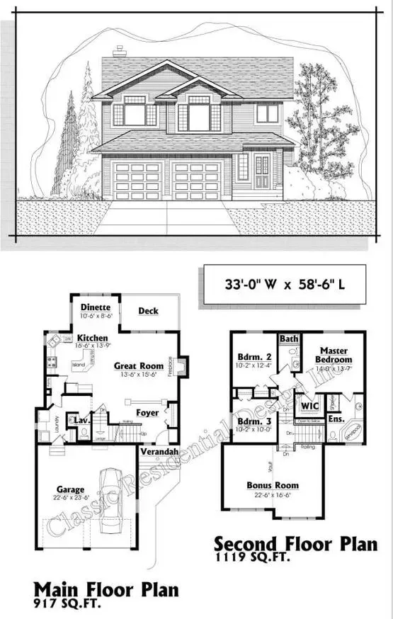 Architectural drawing of a two-story house, with floor plans detailing layout. Dimensions 33'W x 58'6