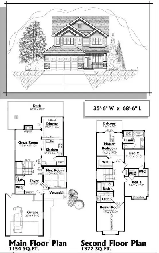 Architectural drawing: two-story house exterior view and floor plans. Main floor: kitchen, living room, garage. Second floor: bedrooms.