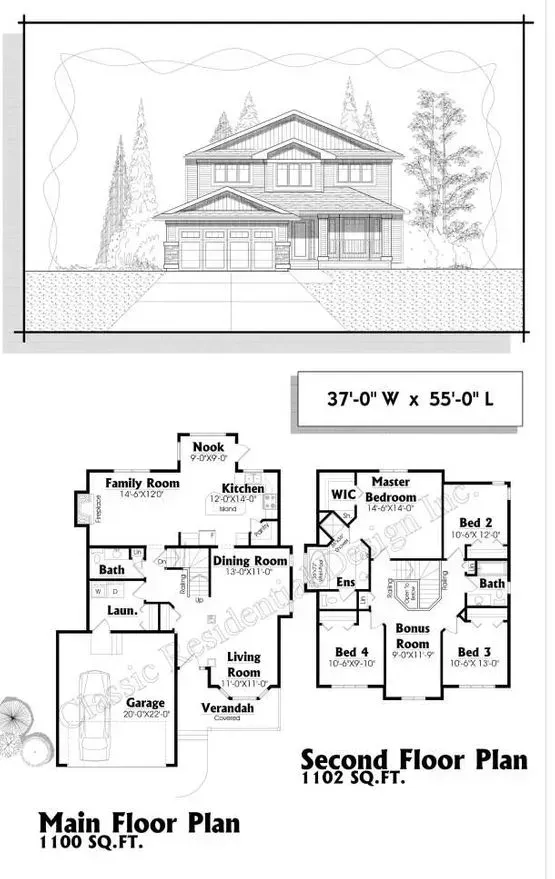House plan with exterior elevation, main floor plan, and second-floor plan; measurements provided.