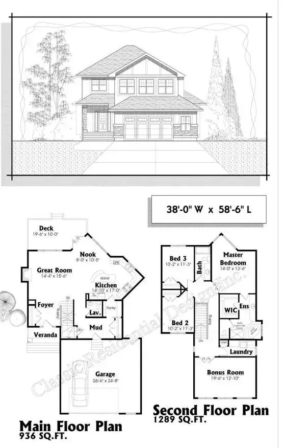 Architectural drawing of a two-story house with floor plans and dimensions, main floor 936 sq ft, second floor 1289 sq ft.