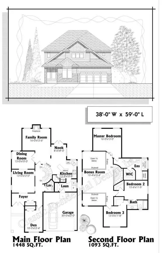 Two-story house elevation and floor plans, including main floor with kitchen and second floor with bedrooms.