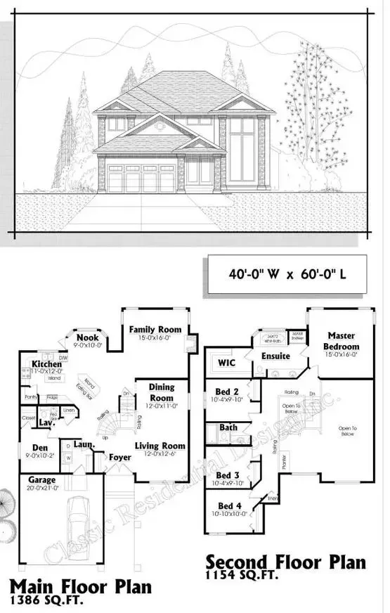 Architectural drawing: house front view and two-story floor plans, dimensioned 40'4
