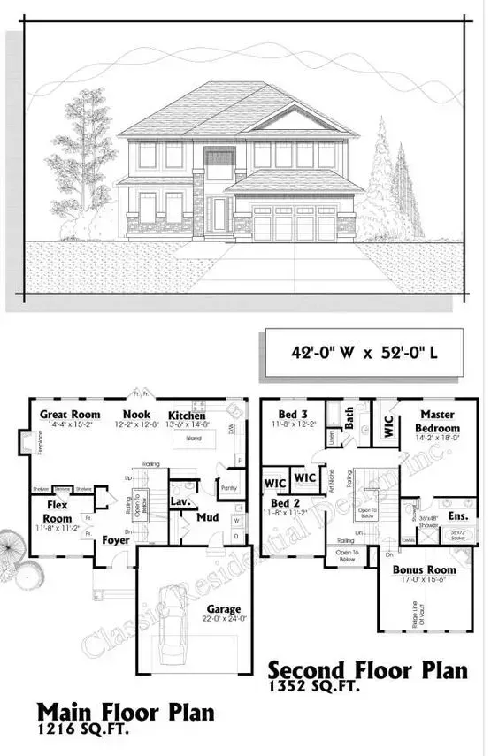 Architectural rendering of a two-story house with floor plans, dimensions (40'W x 52'L), and labeled rooms.
