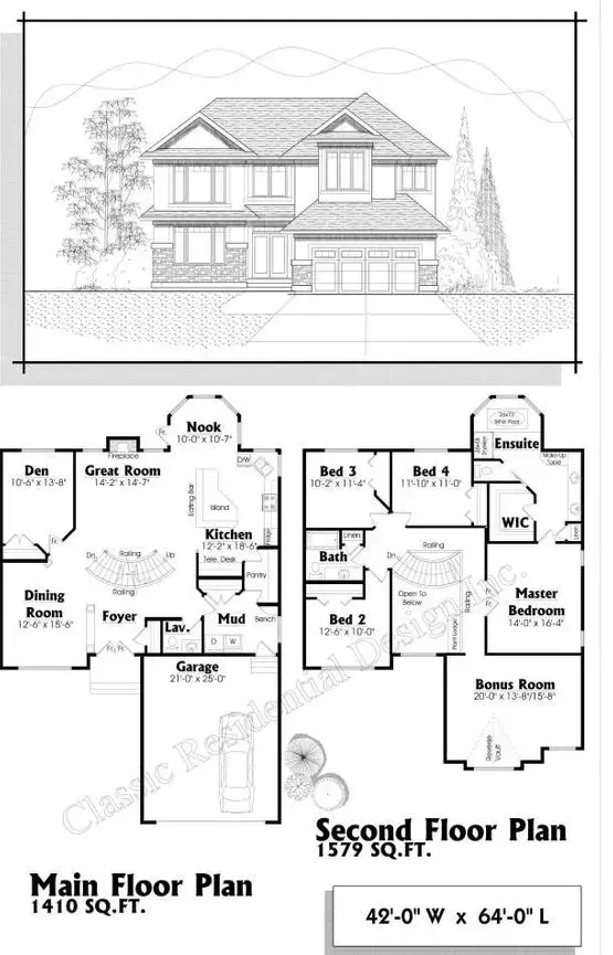 House architectural plans: Front elevation view and floor plans for main and second floors.
