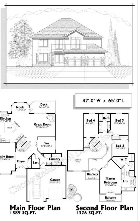 Architectural blueprint of a two-story house, with a front elevation view and floor plans.