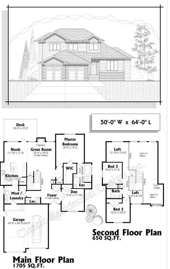 Architectural rendering of a two-story house with floor plans: main level with kitchen, second level with bedrooms.