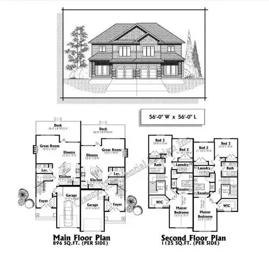 House plan: two-story home with main floor and second floor layouts. 56' W x 56'-4