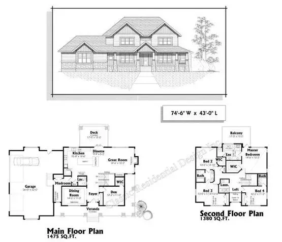 Architectural blueprints of a two-story house; includes exterior rendering, main and second floor plans.