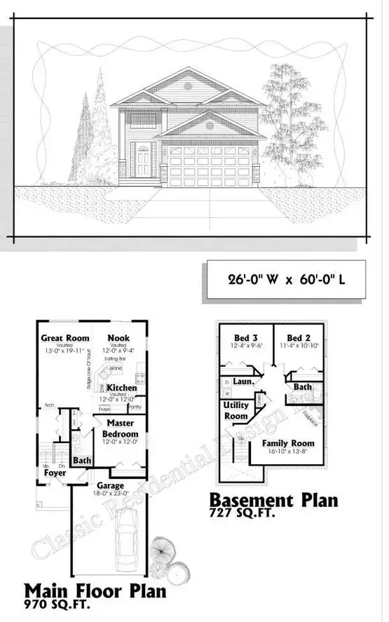 Floor plan of a two-story house with a garage, showing main floor and basement layouts.