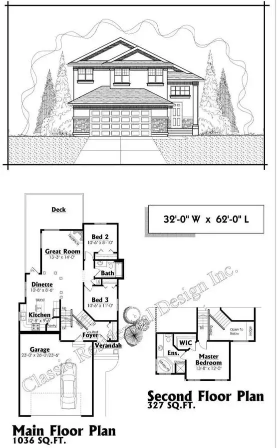 Architectural drawing: Two-story house plan. Main floor: kitchen, living room, garage. Second floor: bedrooms, bathroom.