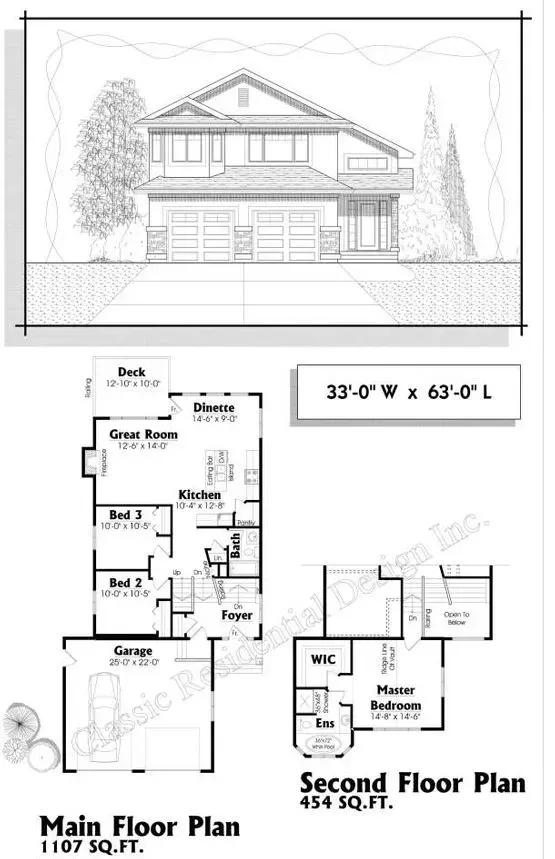 Architectural drawing: two-story house with floor plans. Exterior rendering in top panel. Main and second floor layouts below.