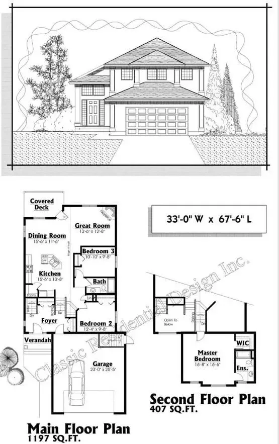 Architectural house plan with front elevation and floor plans. Two-story home layout, garage, and interior rooms.