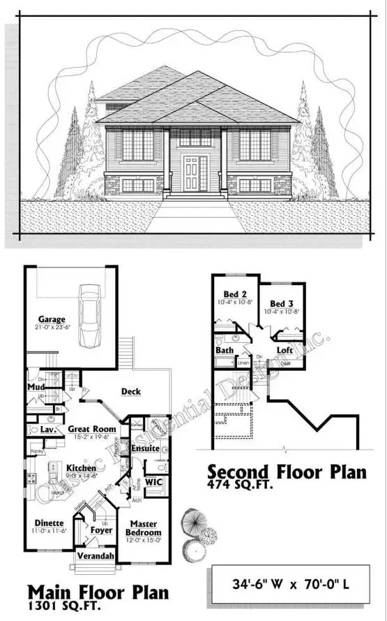 Architectural drawing: House front elevation with main and second floor plans detailing layouts and dimensions.