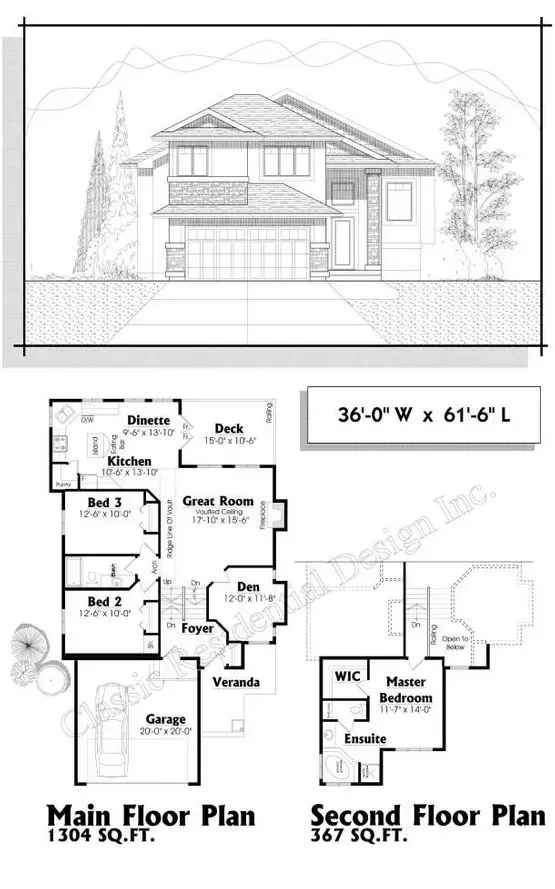 Architectural drawing of a two-story house with floor plans for main and second levels, dimensions listed.