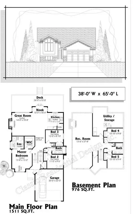 House plan with main floor and basement, plus exterior view. Shows layout of rooms, with dimensions.