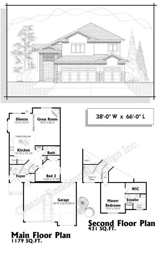 Architectural drawing: Two-story house with front elevation, main floor, and second floor plans. Includes measurements and room labels.