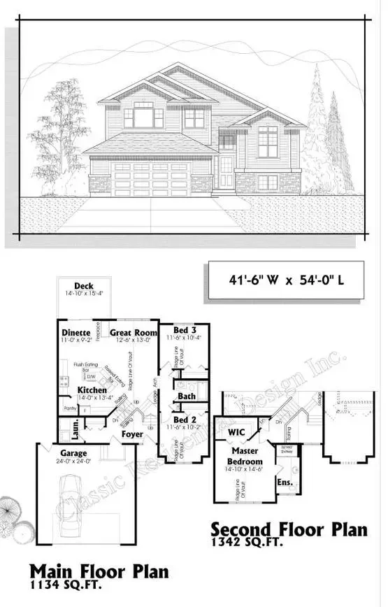 Architectural drawing of a two-story house with floor plans: main floor and second floor. Exterior elevation in black and white.