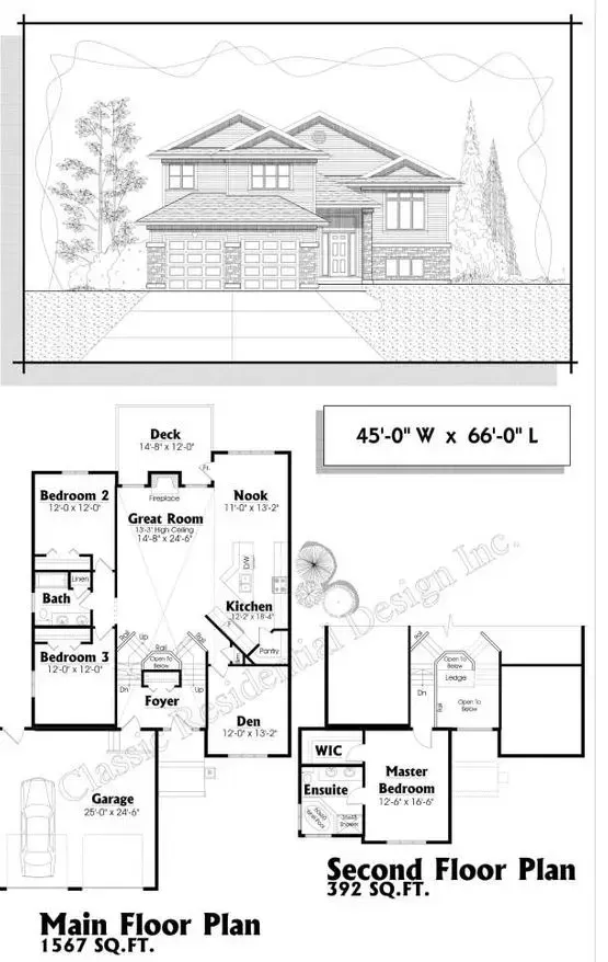 House elevation with main and second floor plans, listing dimensions, and square footage.