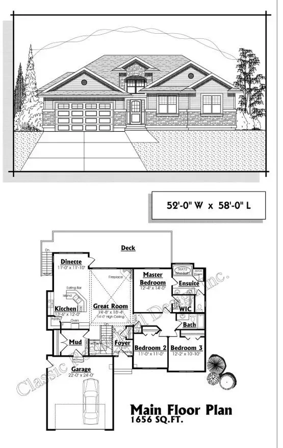 House plans with a front elevation view and a floor plan layout. It's a one-story, 1636 sq ft home with a garage.