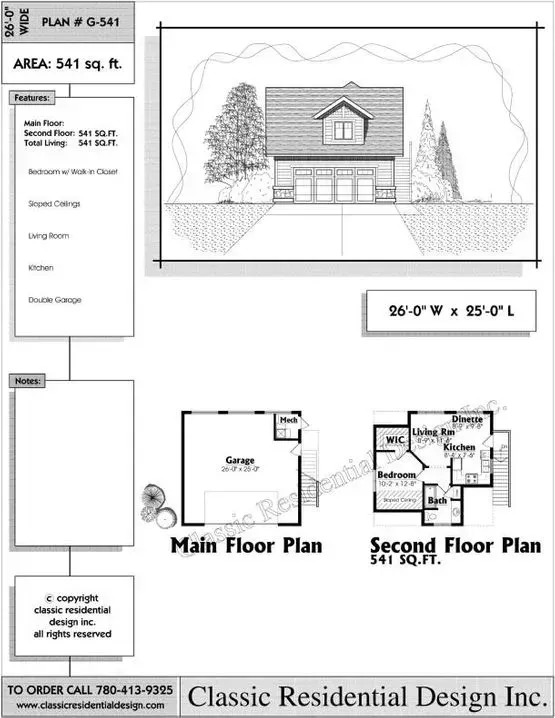 Architectural plan of a small two-story house with floor plans, facade, and dimensions: 26'W x 25'L.