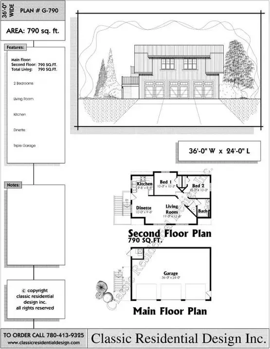 Architectural drawing of a two-story home with a garage, and floor plans.