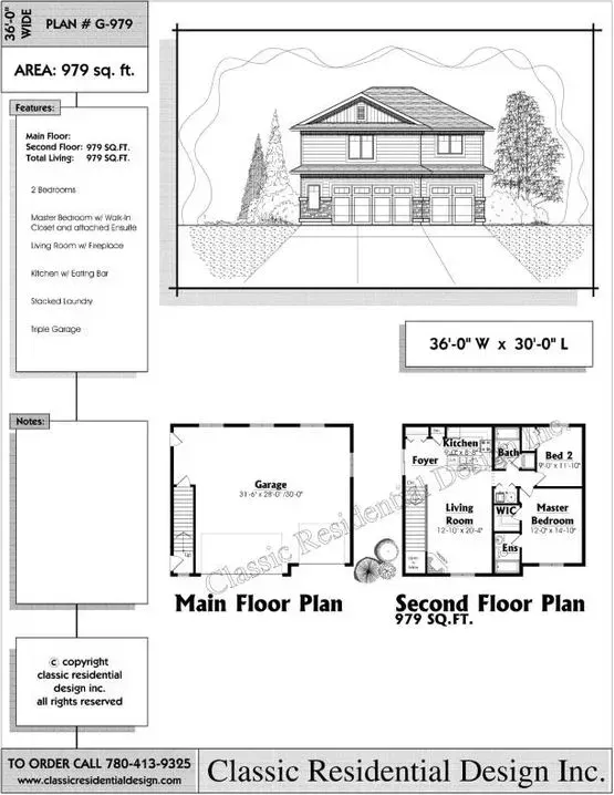 Architectural plan: Two-story house with main floor & second-floor plans, plus elevation view.