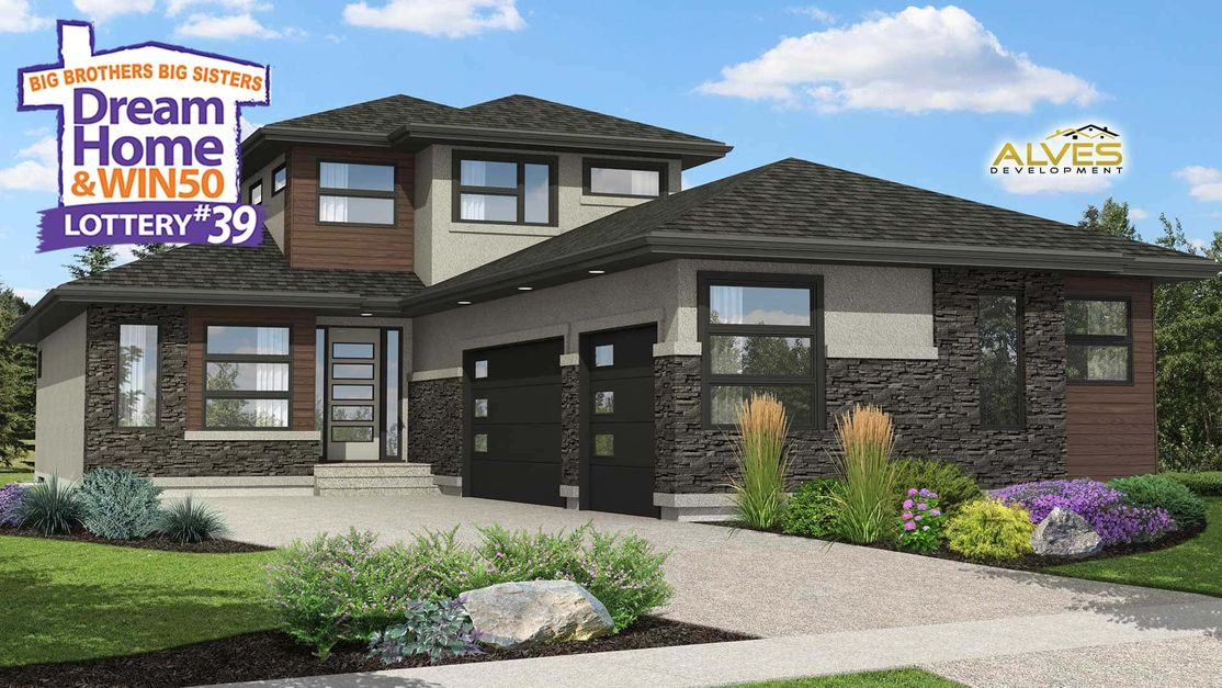 Modern two-story house with stone and wood accents. Lottery advertisement: Dream Home & Win50.