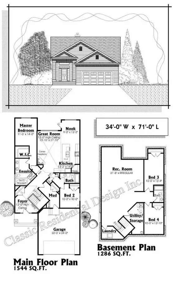 House plan with front elevation, main floor plan, and basement plan.