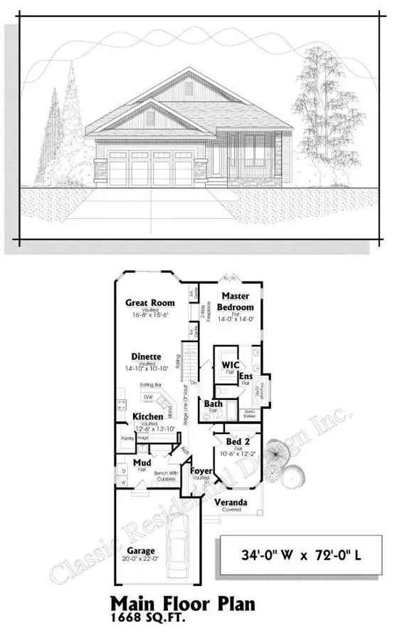 Architectural drawing: front elevation of a house above its main floor plan; a two-car garage.
