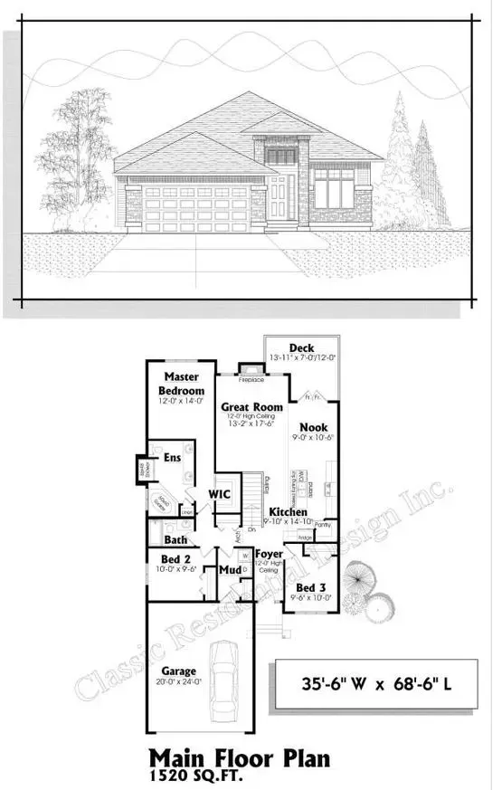 Architectural drawing of a house with floor plan: main floor with bedrooms, living areas, and dimensions 35'6