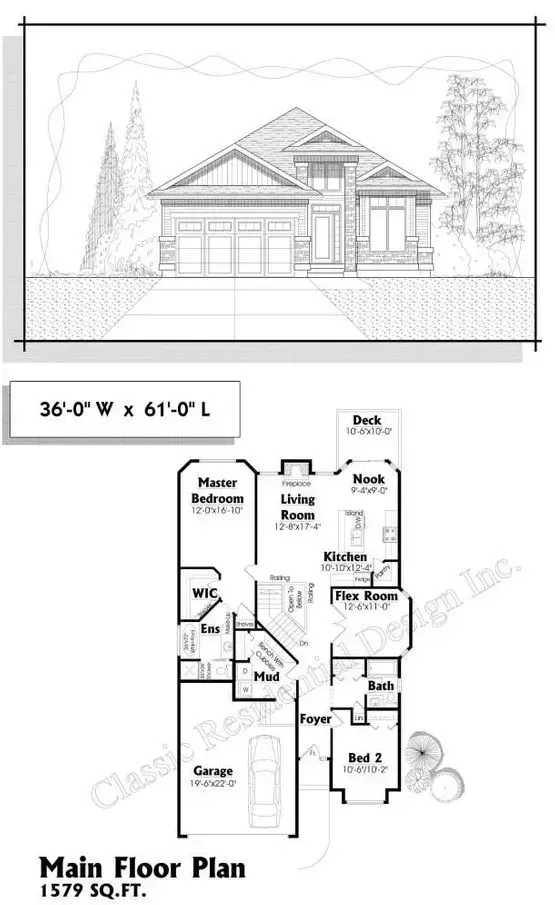 House exterior rendering and floor plan. Brick facade, 2-car garage, main floor plan with 2 bedrooms.
