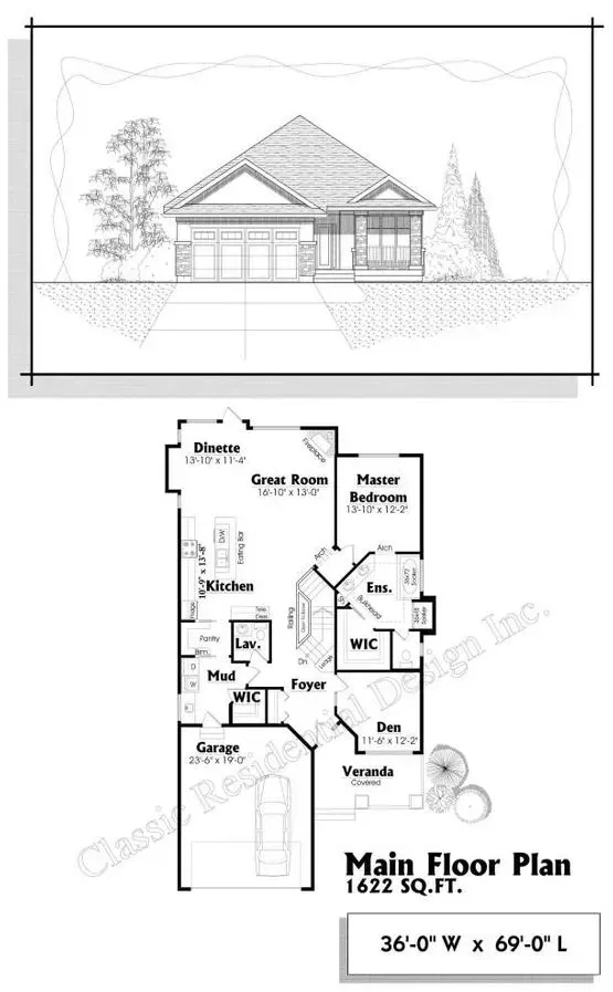 Elevation view and floor plan of a single-story house, showing the exterior and interior layout.