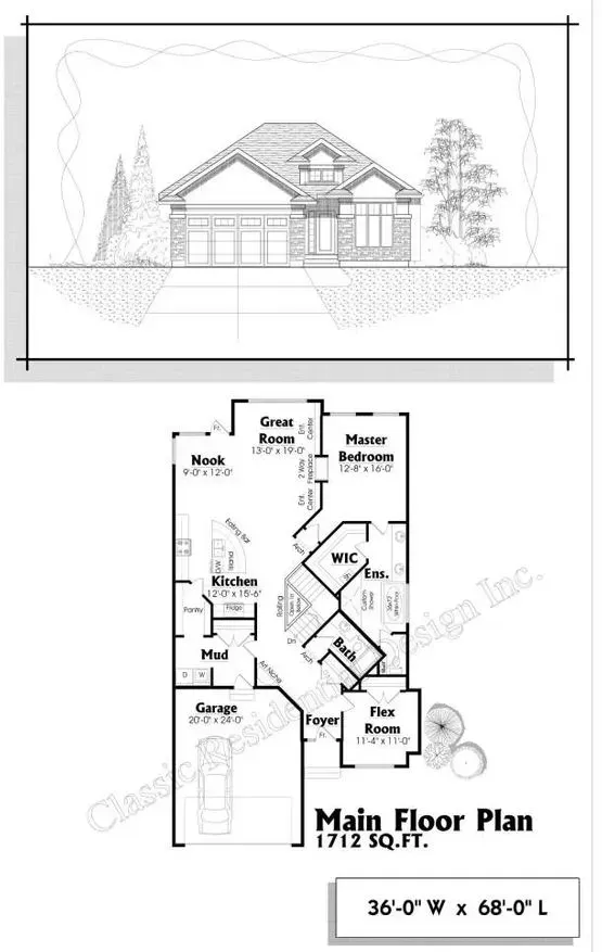 Front elevation and floor plan of a house; main floor plan is 1712 sq ft, with three bedrooms and garage.