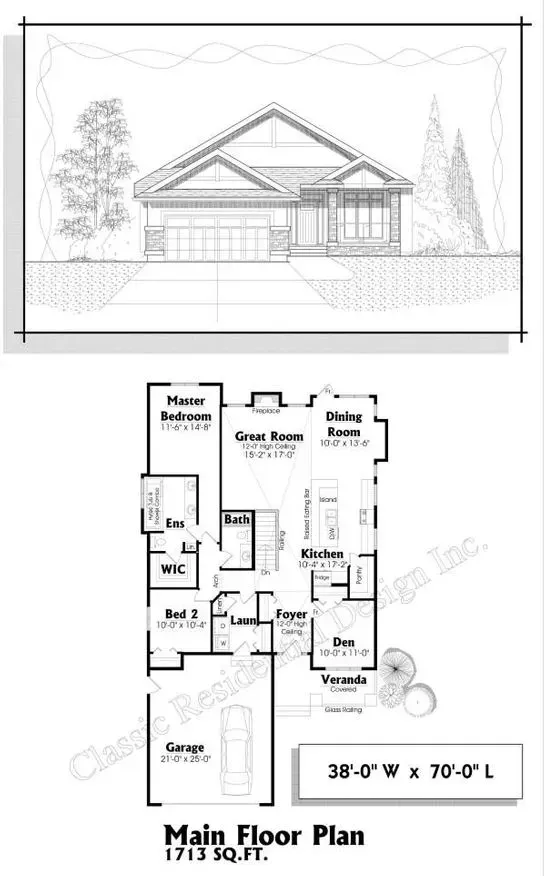 Architectural drawing of a house, front view, and the main floor plan.  Includes garage, bedrooms, and living spaces.