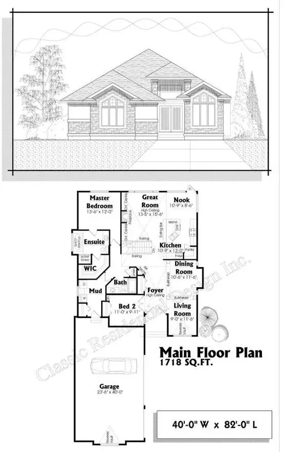 Architectural drawing: front elevation of a house with a main floor plan; 1718 sq ft.