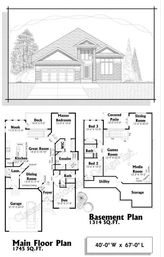 Architectural drawing: front elevation and main floor plan of a two-story house with garage and various rooms.