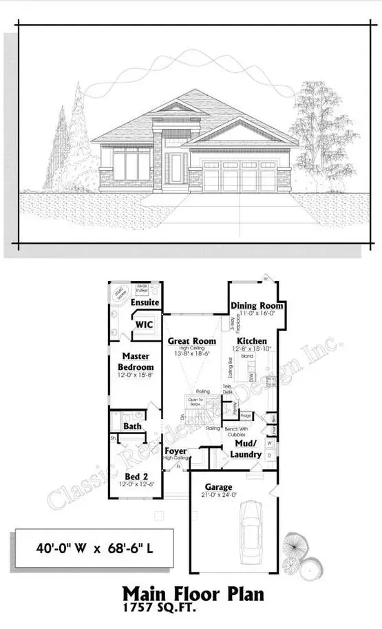 Architectural drawing: Front elevation of house above floor plan. 1757 sq ft, main floor plan.