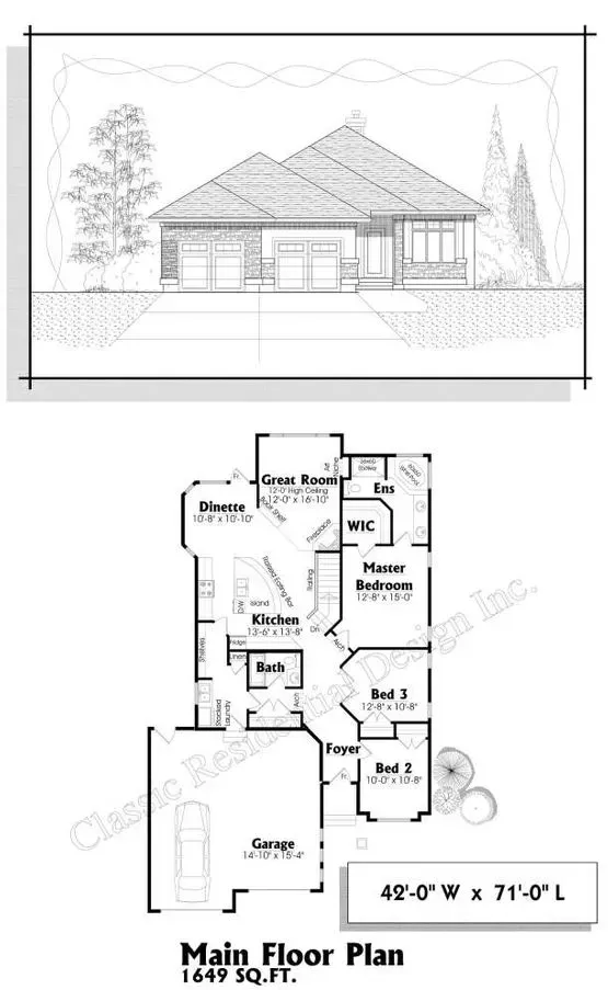 Architectural drawing: Front elevation and floor plan of a single-story house with garage, 3 bedrooms, and kitchen.